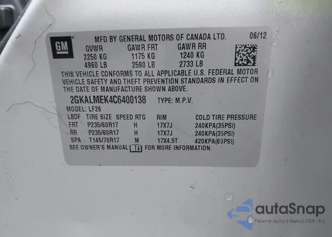 2012 GMC Terrain Sle-1 z USA, uszkodzony, nr VIN 2GKALMEK4C6400138